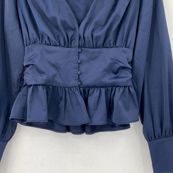 Jason Wu Navy Blue Satin Ruffled Peplum Button Pullover Blouse Size Small - Picture 5 of 9